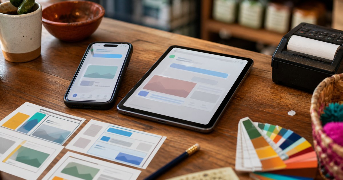 ChatGPT Ads Mexico Tiser primer anuncio variante mostrador 20260819 Mostrador de negocio local con smartphone, tablet y materiales de campana digital con IA
