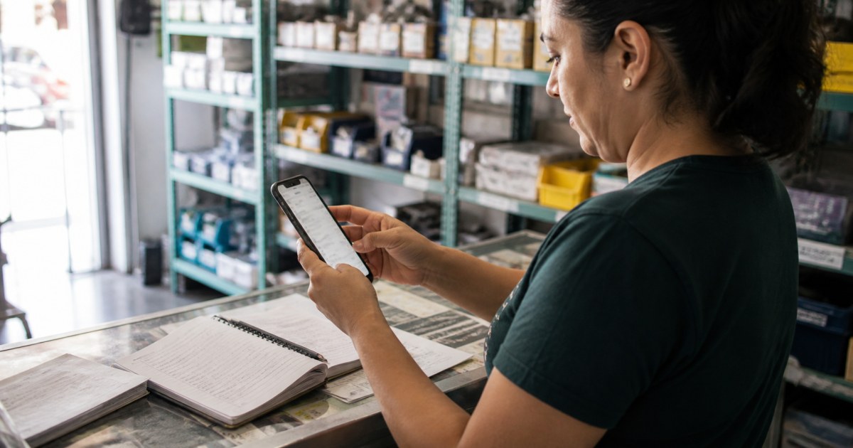 Persona usando movil para revisar tareas de inventario con IA en una pyme