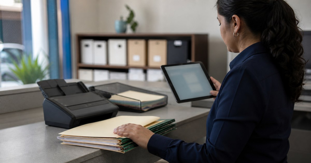 Manejo archivos nube privada pymes 20260823 realista Persona organizando carpetas y revisando permisos de nube privada en una pyme