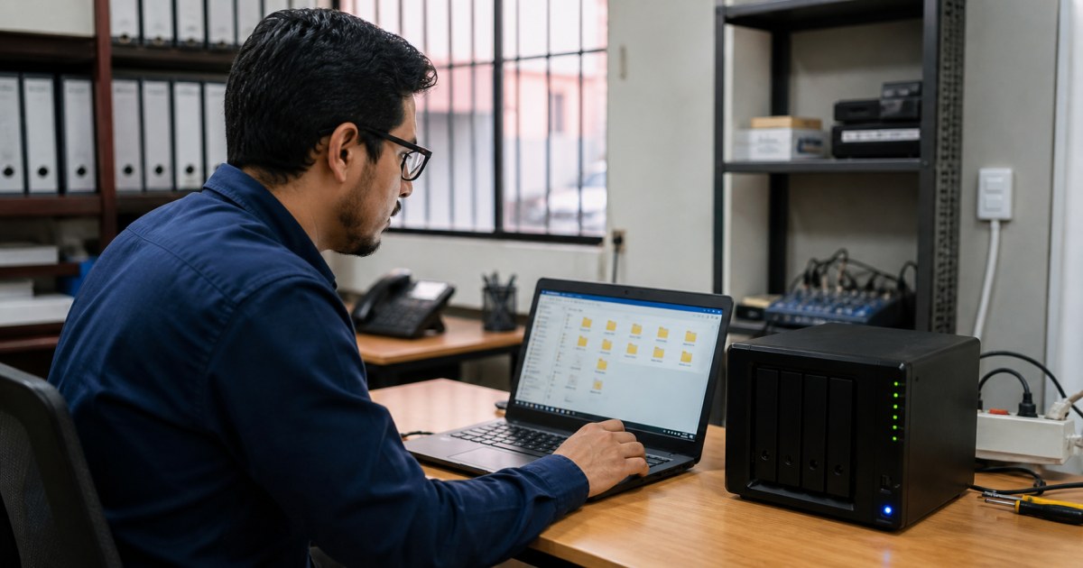 Nextcloud nube privada mantenimiento realista 20260815 Tecnico revisando archivos y respaldo en nube privada para pyme