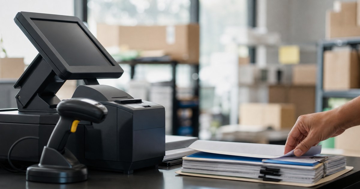 Siigo Aspel cierre septiembre pymes 20260901 realista Terminal de punto de venta con documentos administrativos e inventario de una pyme